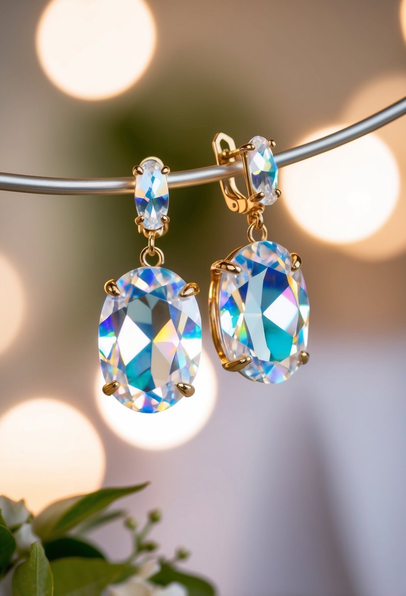 A pair of iridescent clear crystal clip-on earrings, with a gold tone setting, sparkle in the soft light of a wedding reception