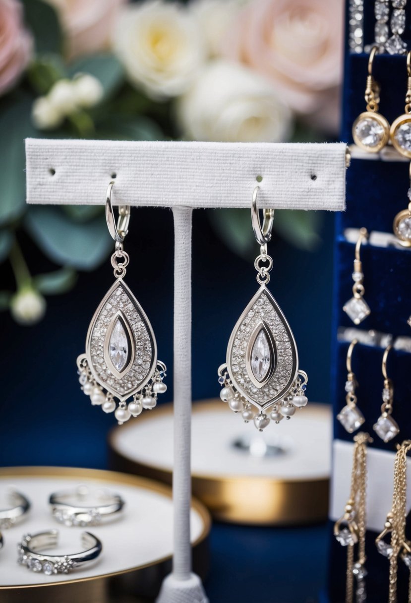 A pair of silver finish dangle clip-on earrings hanging from a display stand, surrounded by other wedding jewelry ideas