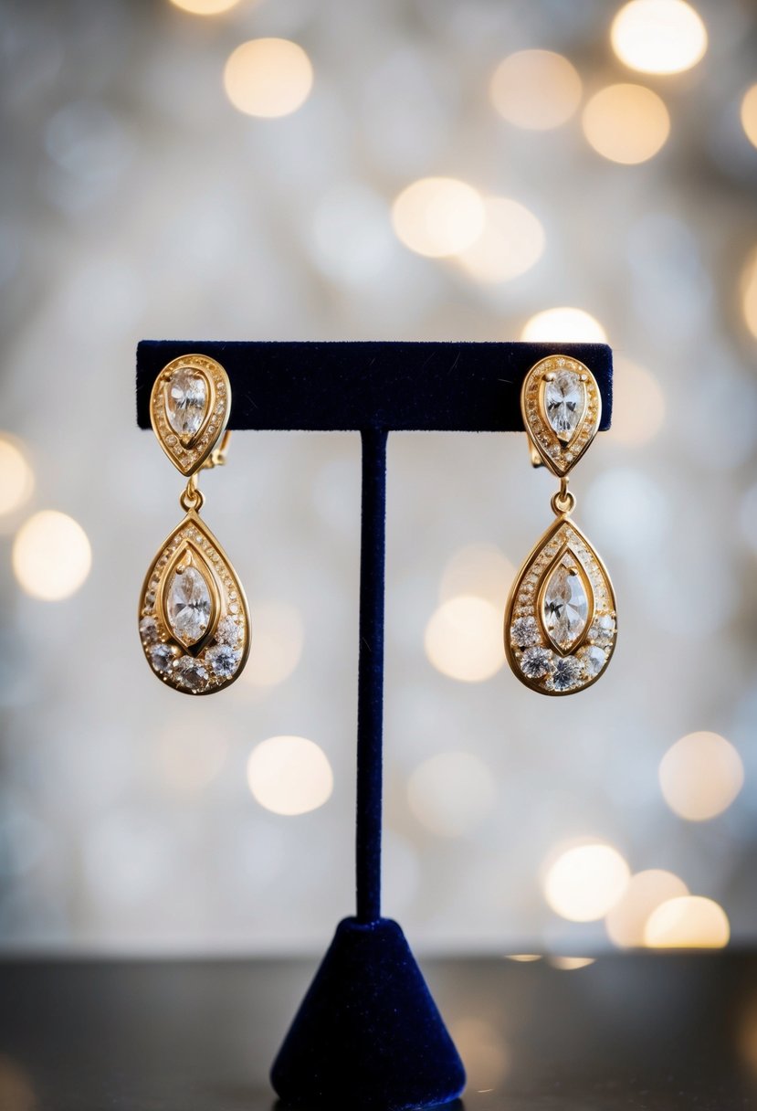 A pair of elegant 14k gold finish clip-on wedding earrings displayed on a velvet jewelry stand