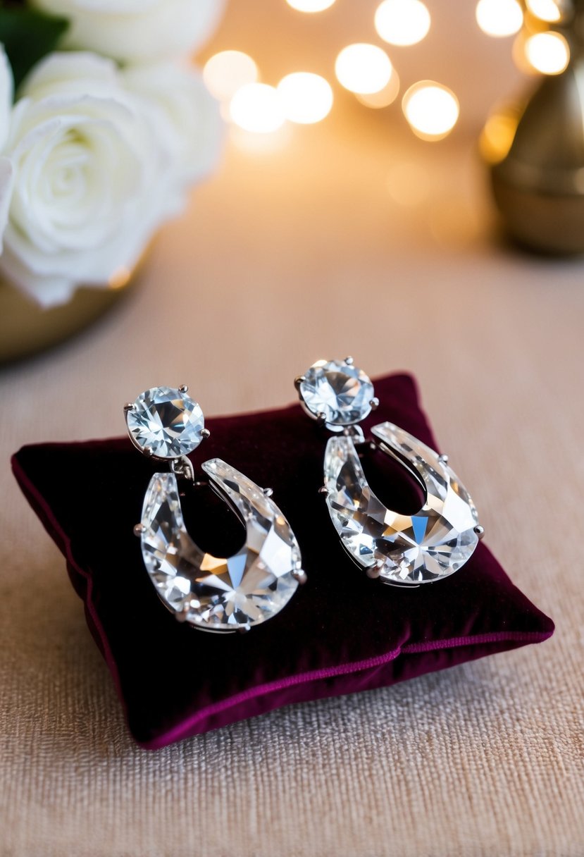 A close-up of a pair of crystal oversize statement clip-on earrings displayed on a velvet cushion, with soft lighting to highlight their sparkle