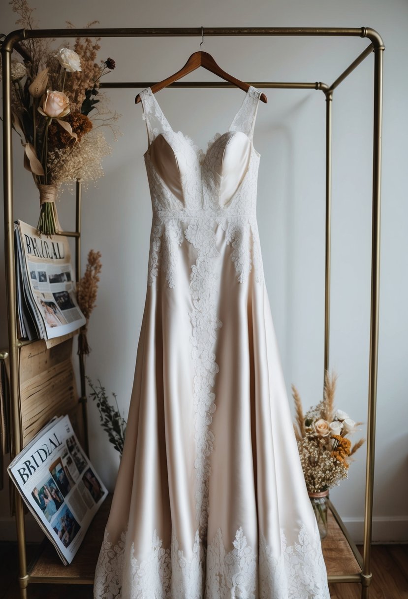 A lace-trimmed satin gown hangs on a brass clothing rack, surrounded by dried flowers and vintage bridal magazines