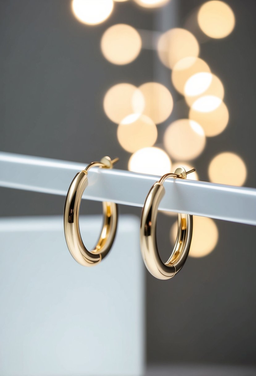 A close-up of modern hoop clip-on earrings displayed on a sleek, white surface with soft, diffused lighting