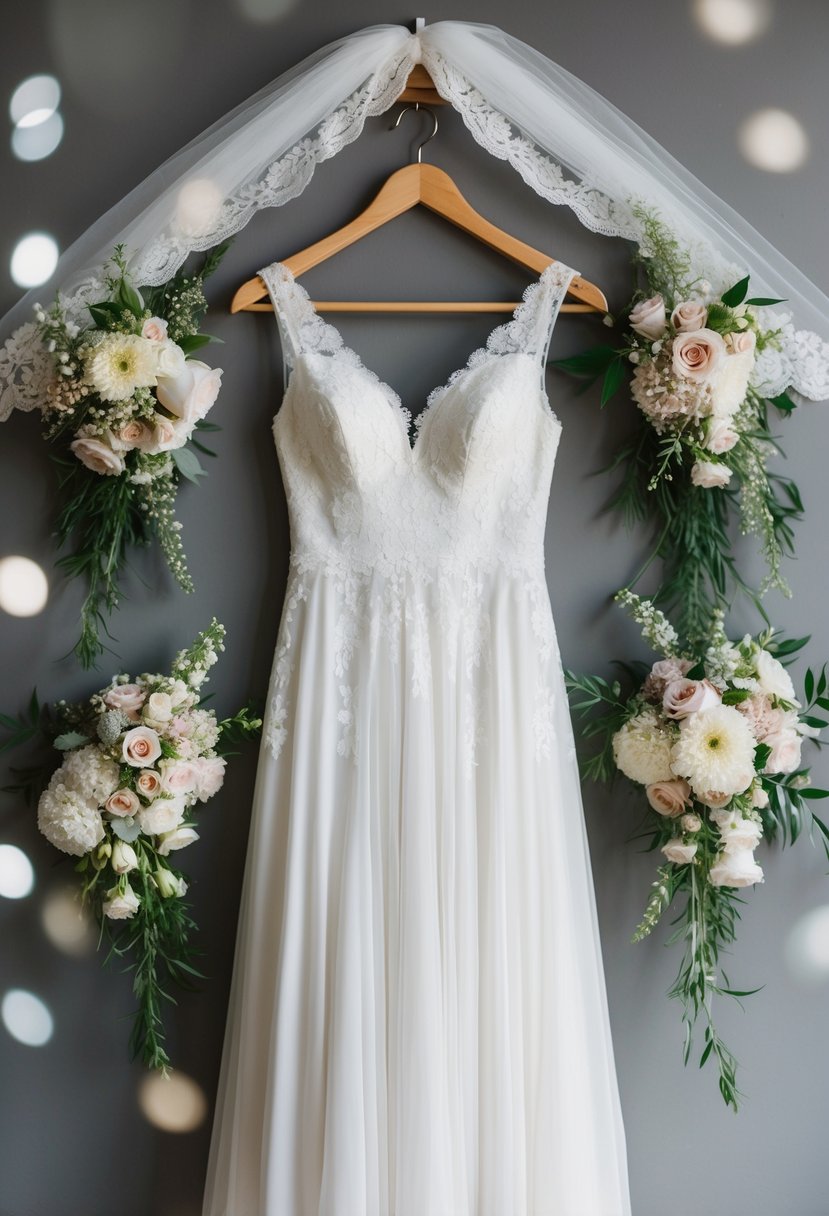 A flowing, lace-trimmed wedding dress hangs on a wooden hanger, surrounded by delicate floral bouquets and a vintage lace veil