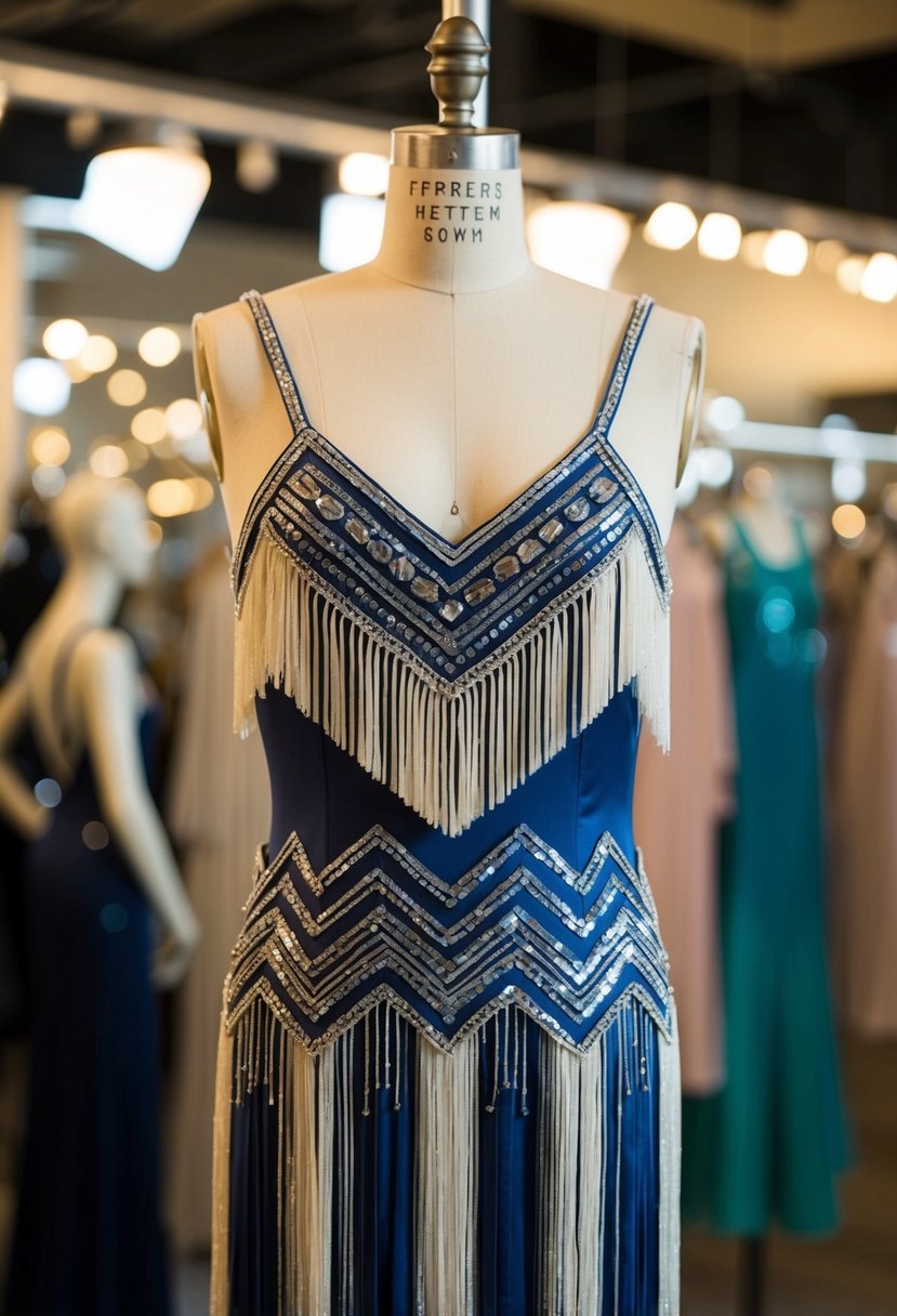 A flapper-style gown with fringe details hangs on a vintage mannequin