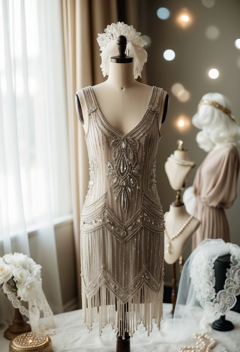 A glittering, beaded flapper dress hangs on a vintage mannequin, surrounded by 1920s-inspired accessories and delicate lace veils