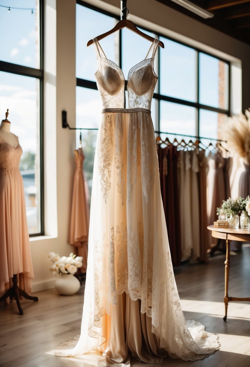 A flowing lace chiffon dress hangs on a vintage mannequin in a sunlit bohemian-style bridal boutique