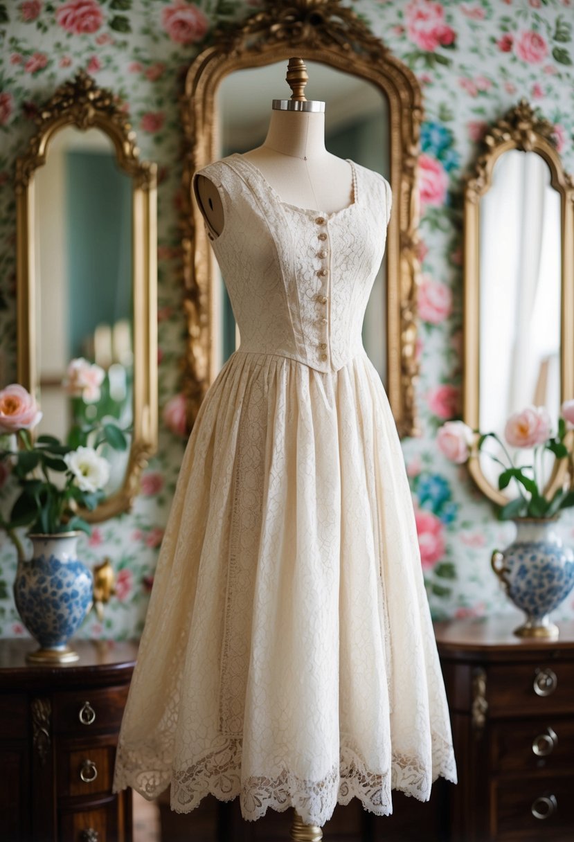 A vintage lace dress hangs on a Victorian-style mannequin, surrounded by antique mirrors and floral wallpaper