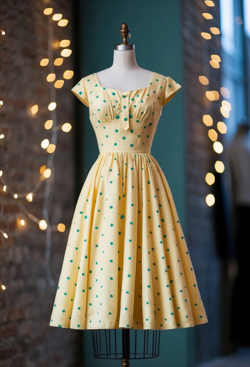 A tea-length dress with polka dots hangs on a vintage mannequin