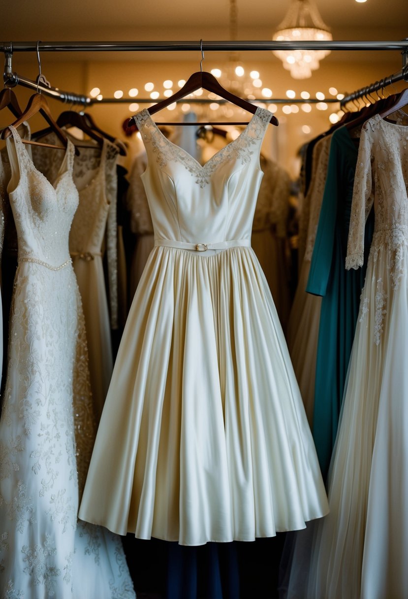 A tea-length 1950s dress hanging on a vintage clothing rack, surrounded by other nostalgic wedding attire