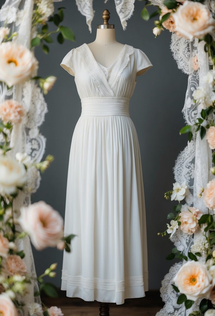 An elegant Edwardian empire waist dress hangs on a vintage mannequin, surrounded by delicate lace and floral details