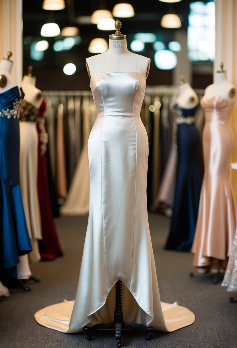 An elegant satin sheath gown displayed on a vintage mannequin