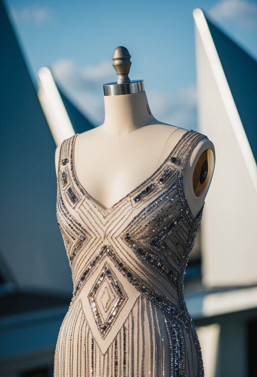 A shimmering beaded dress with geometric patterns, set against a backdrop of sleek, angular 70s architecture