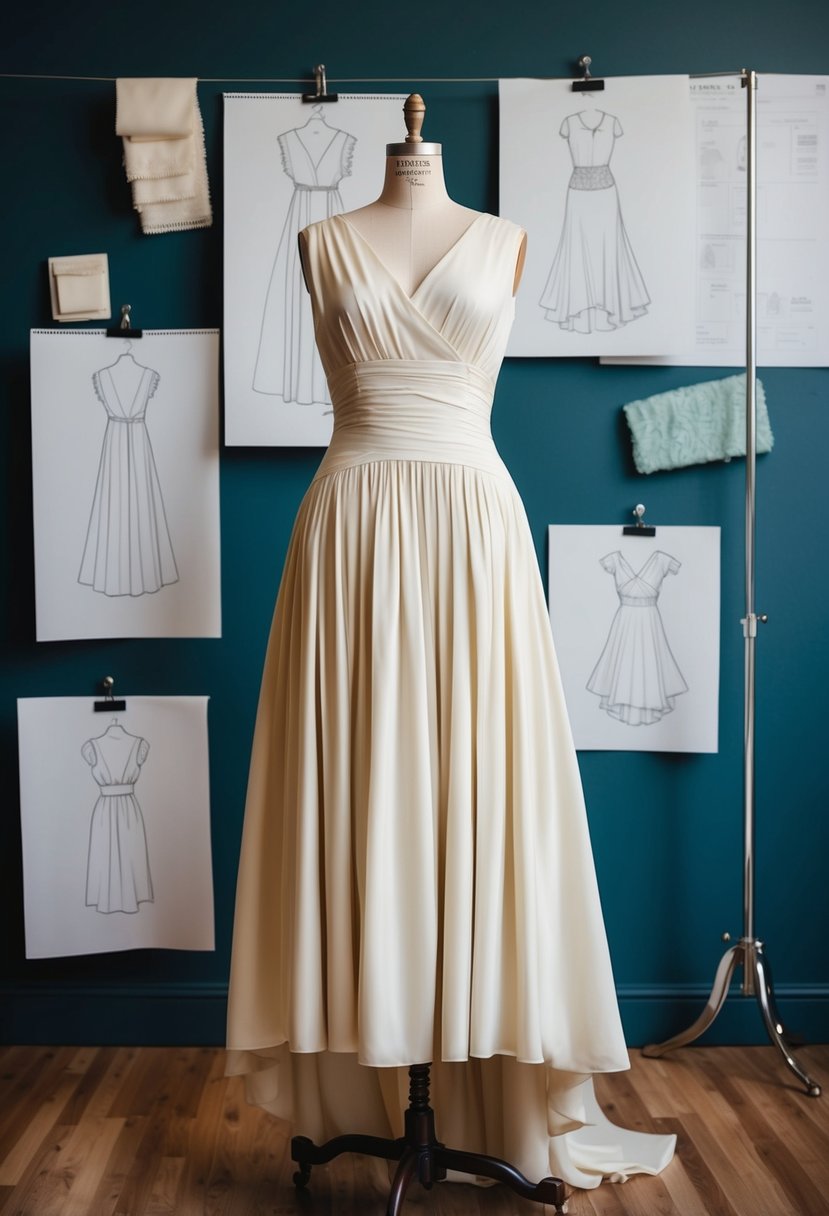 A 1920s drop waist gown displayed on a vintage mannequin, surrounded by 90s wedding dress sketches and fabric swatches