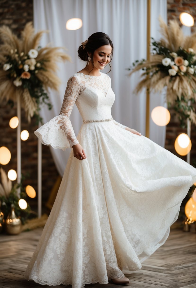 A bride twirls in a lace A-line gown with bell sleeves, surrounded by 70s vintage wedding decor