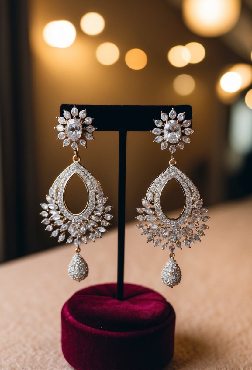 A pair of ornate, sparkling wedding earrings displayed on a velvet cushion under soft, warm lighting