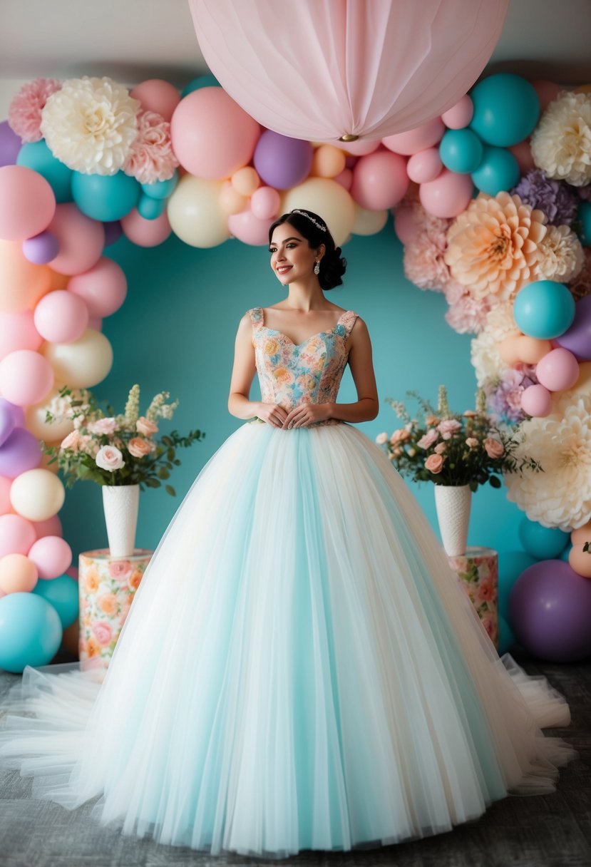 A bride in a retro tulle ball gown, surrounded by 90s vintage wedding decor, with a mix of pastel colors and floral patterns