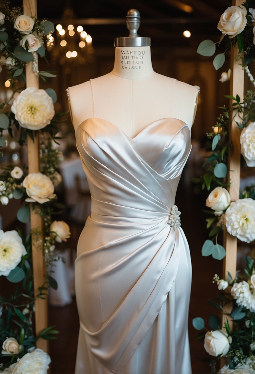 A mannequin wearing a silk satin bias-cut dress, surrounded by vintage wedding decor and flowers