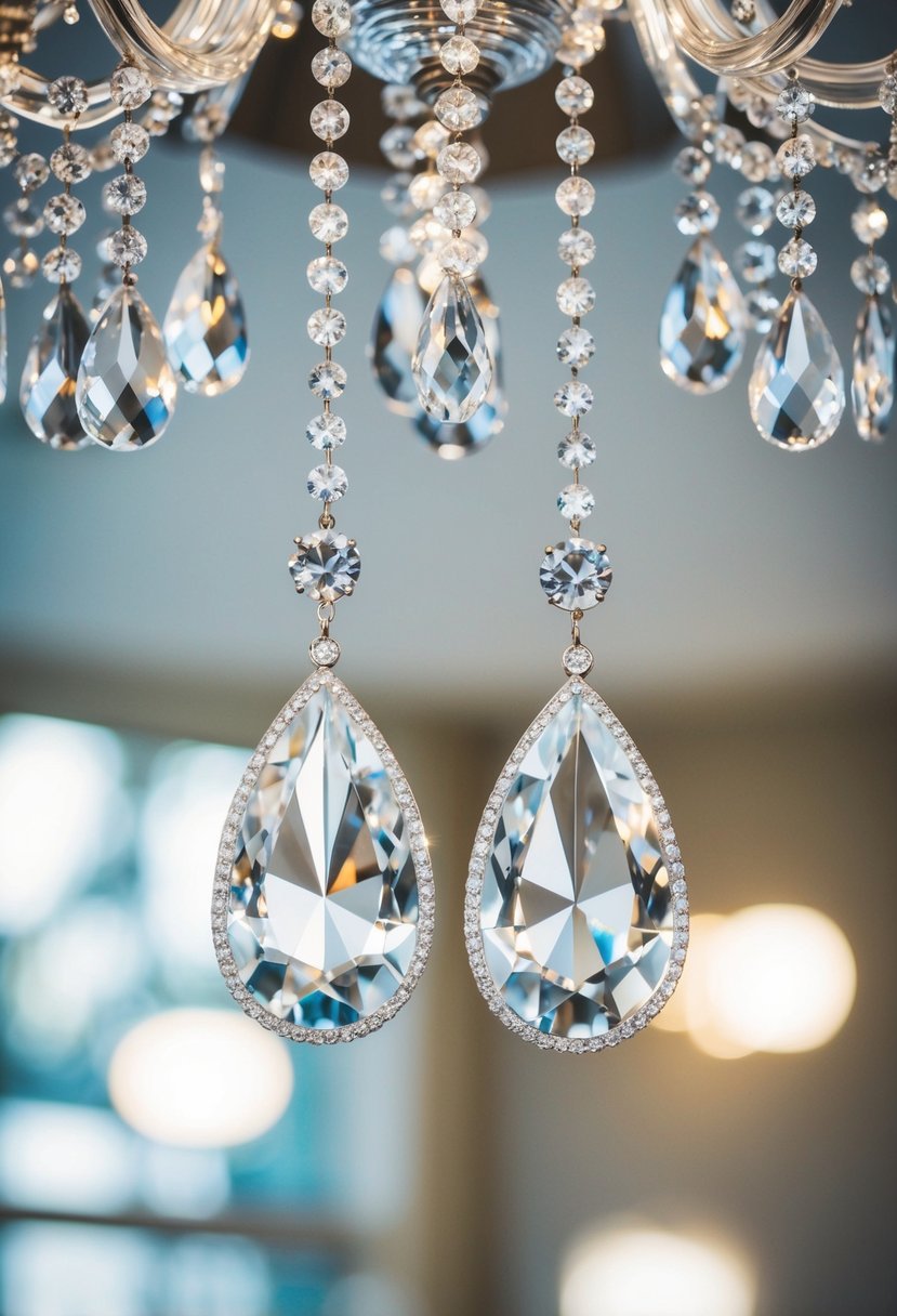 A crystal chandelier hangs above, reflecting light onto a pair of large, sparkling wedding earrings