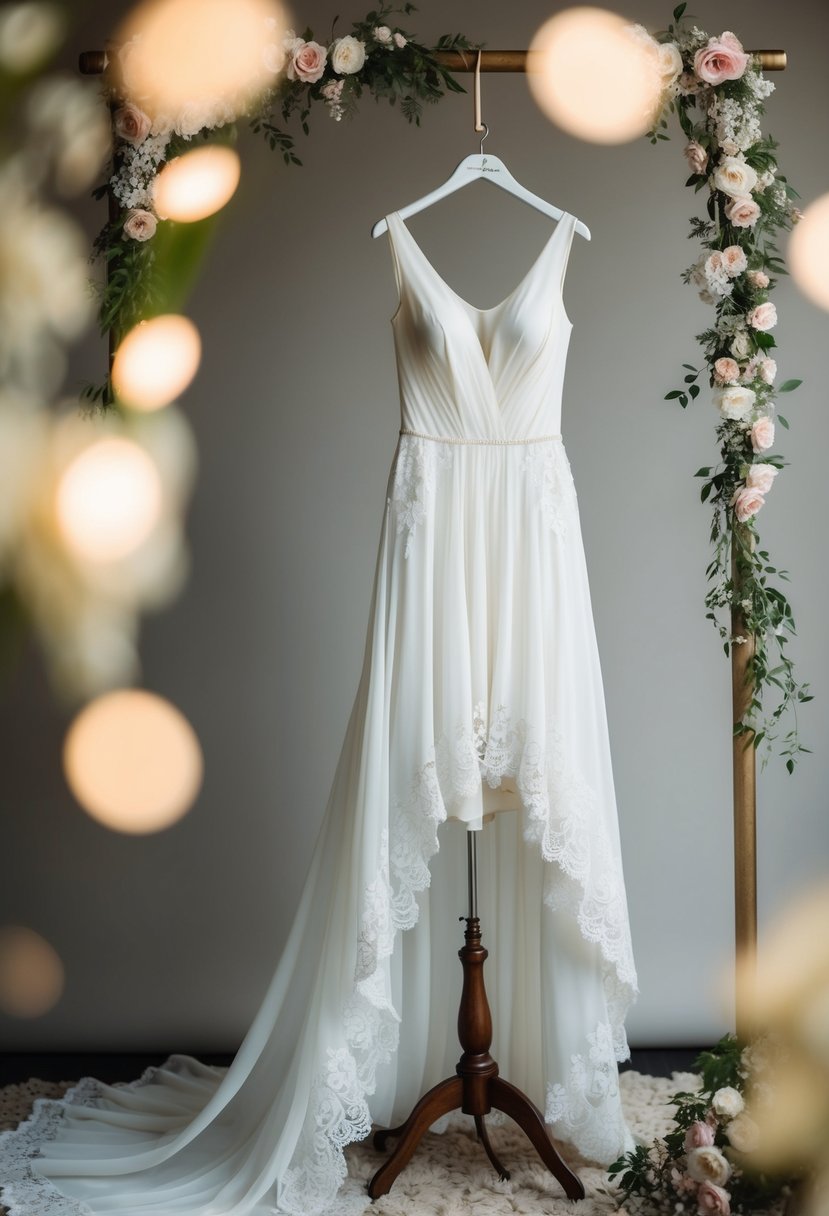 A chiffon dress with a scalloped lace train hangs on a vintage dress form, surrounded by soft lighting and delicate floral accents