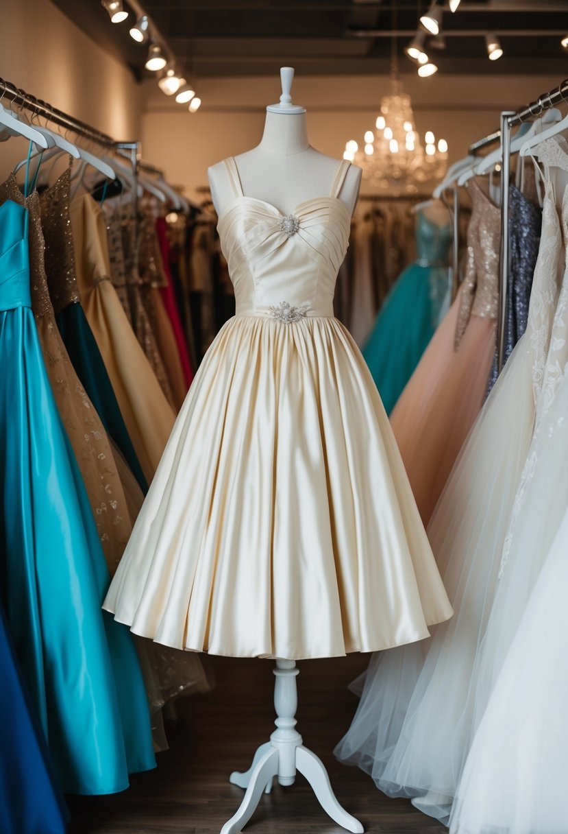 A 1950s cocktail length dress displayed in a vintage wedding dress shop, surrounded by other 90s era gowns