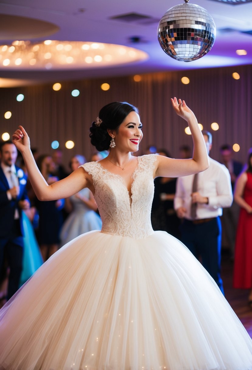 A bride in a retro-inspired tulle ball gown dances under a disco ball at a 70s vintage wedding