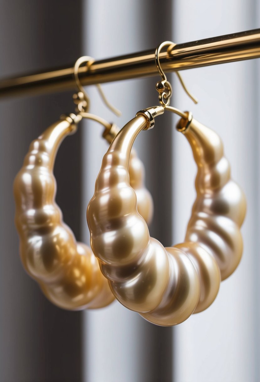 A pair of large golden Baroque pearl hoops suspended from delicate hooks, catching the light in a luxurious and elegant manner