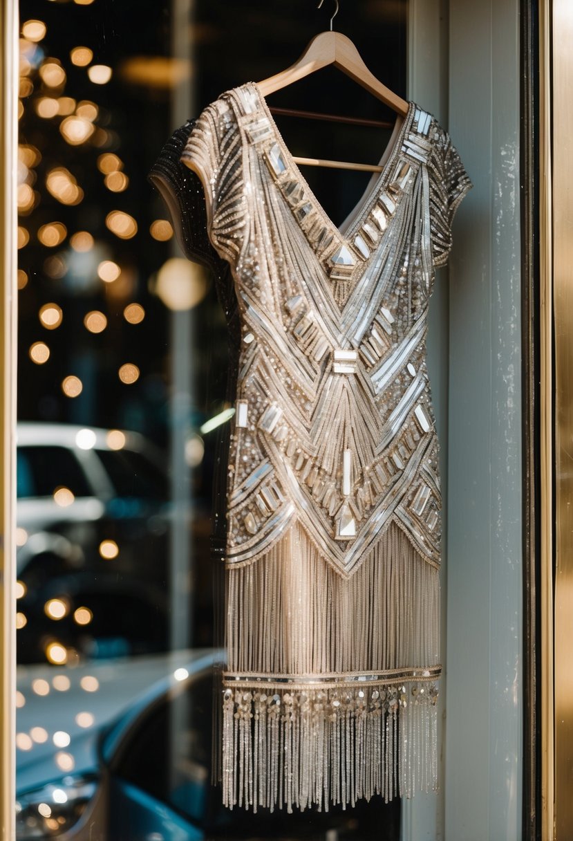 A shimmering Art Deco beaded dress hangs in a vintage boutique window, catching the sunlight and casting a dazzling array of reflections