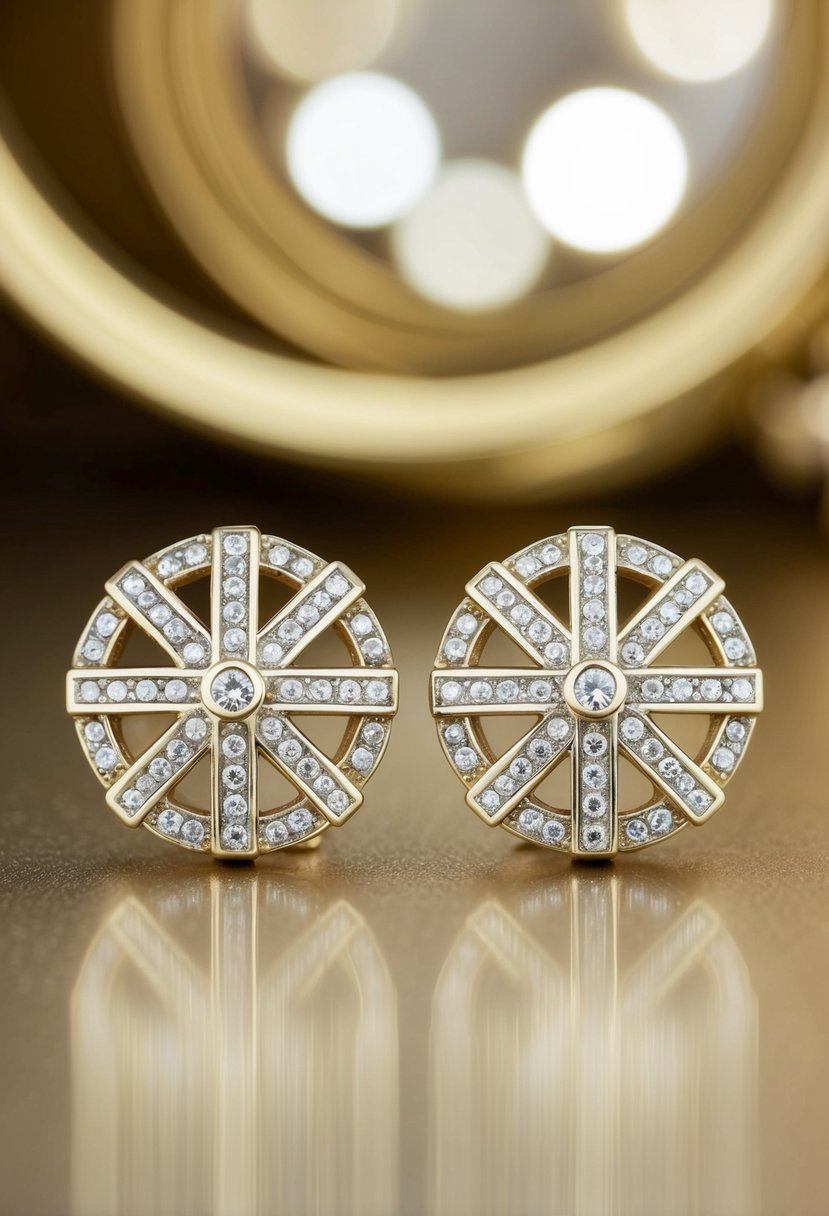 A close-up of elegant, vintage-inspired Art Deco studs, featuring intricate geometric patterns and sparkling gemstones, set against a luxurious background