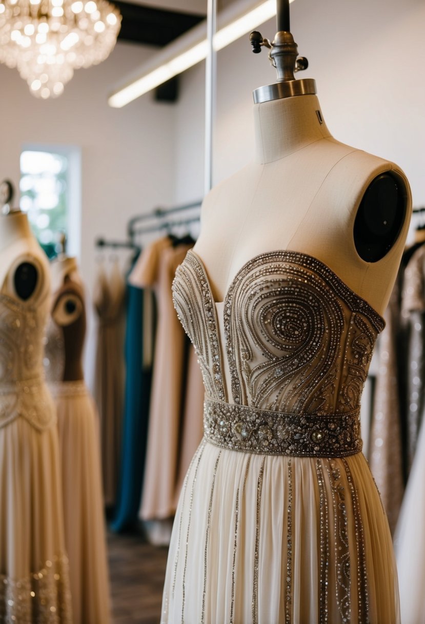 A dropped waist dress with intricate beading hangs on a vintage mannequin in a bohemian-inspired bridal boutique