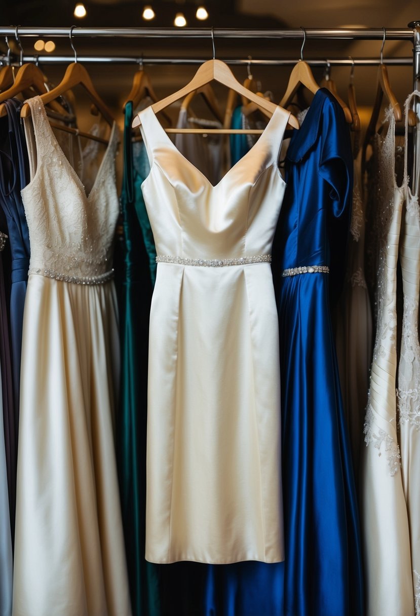 A 1940s satin sheath dress hangs on a vintage clothing rack, surrounded by other retro wedding dress options