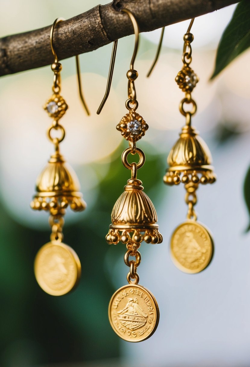 Elegant gold coin danglers sway from ornate wedding earrings