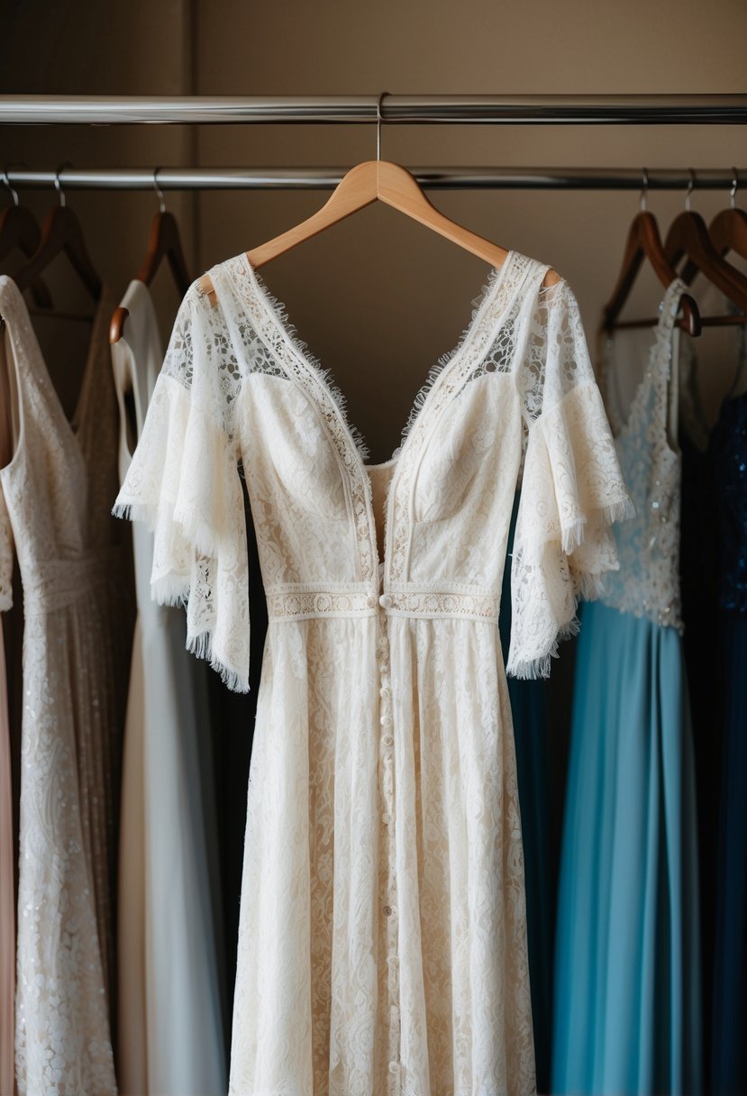 A bohemian lace dress with flutter sleeves hangs on a vintage wedding dress rack, surrounded by other retro gowns