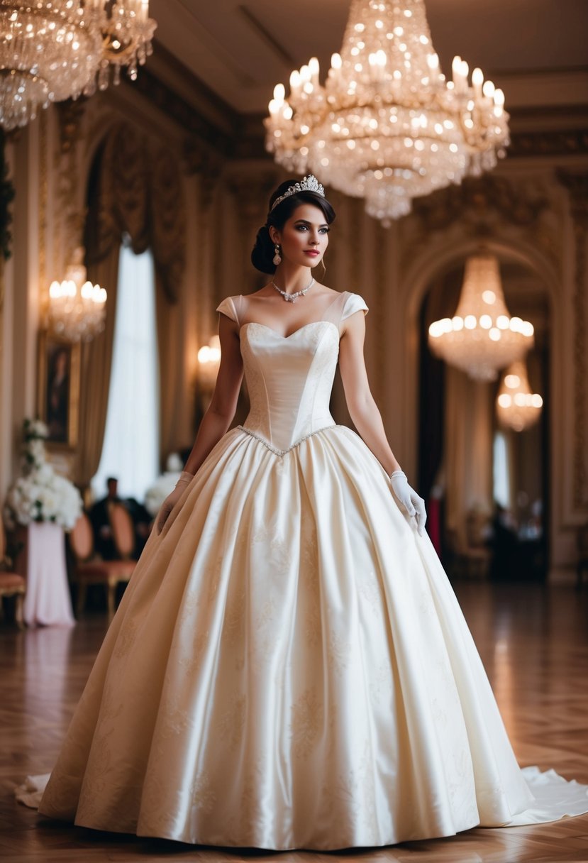 A princess stands in a grand ballroom, wearing a 90s vintage wedding dress with a full skirt and fitted bodice, surrounded by opulent chandeliers and ornate decor