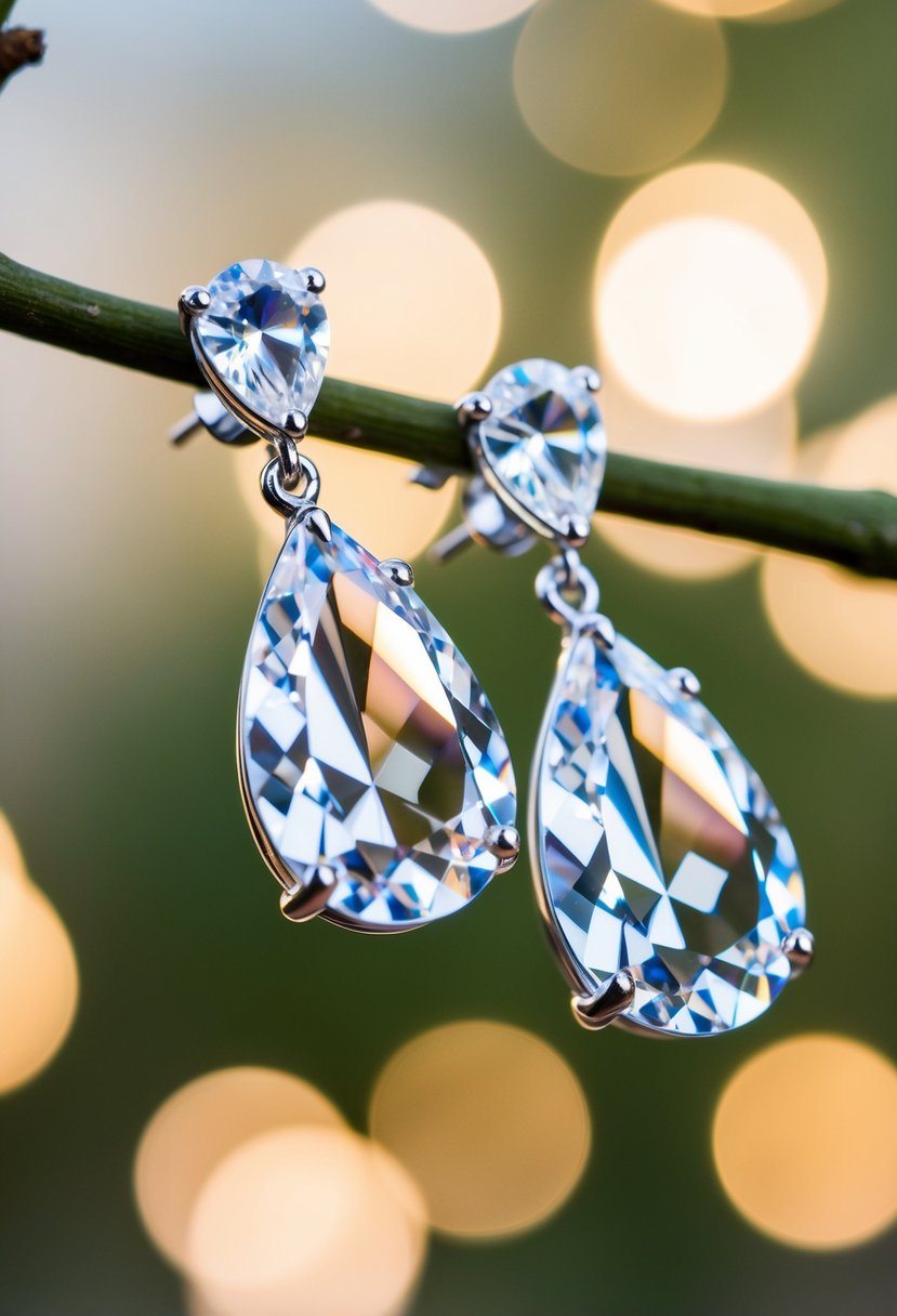 A pair of teardrop crystal earrings sparkling under soft lighting, with intricate details and a delicate, elegant design