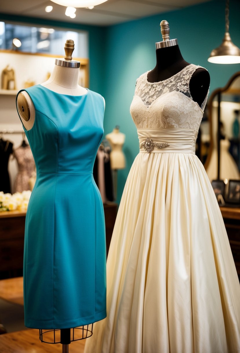 A mannequin wearing a 1960s mod shift dress and a 1970s vintage wedding dress on display in a retro boutique