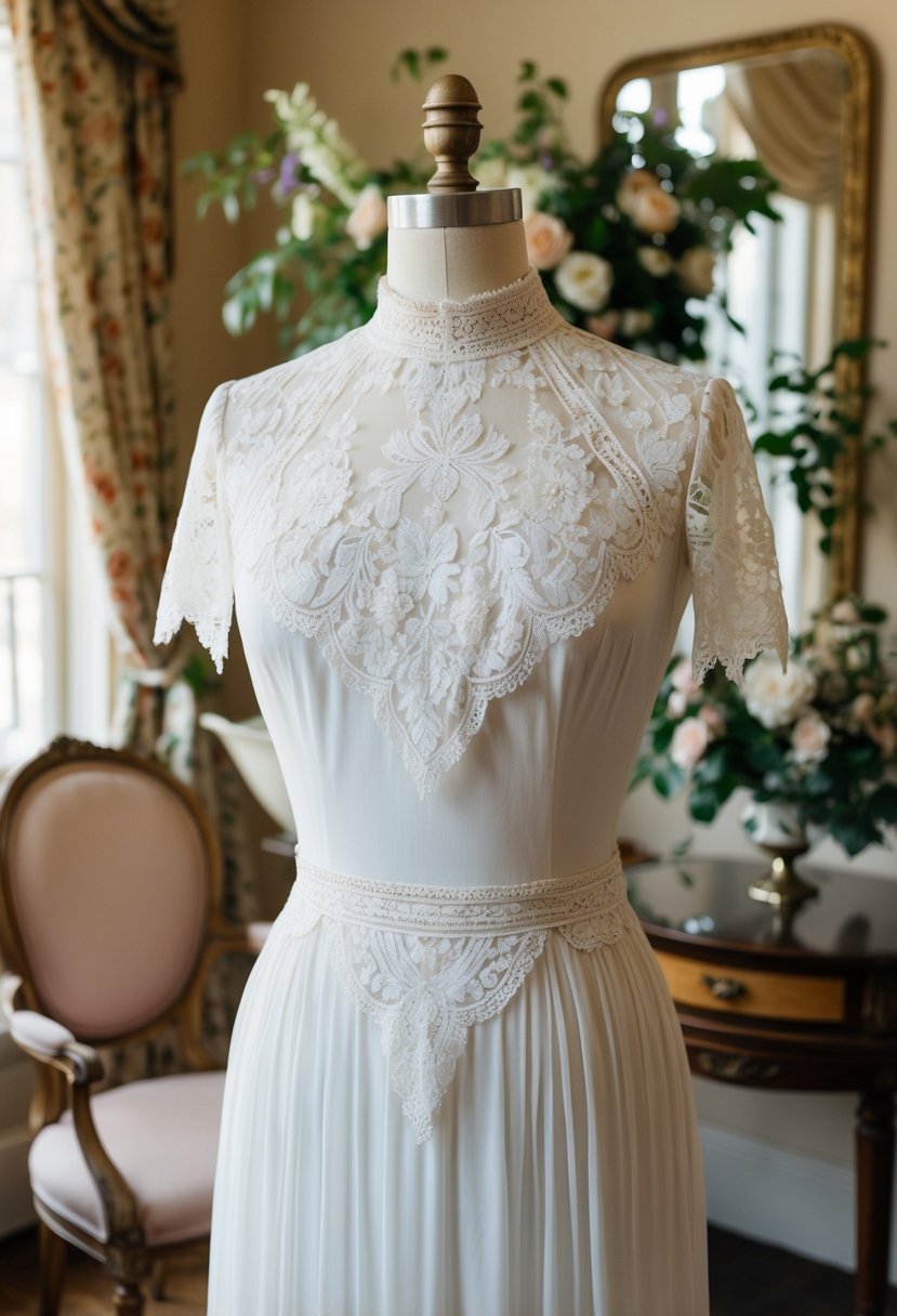 A mannequin wears a high-neck lace Edwardian dress in a vintage wedding setting with antique furniture and floral decor