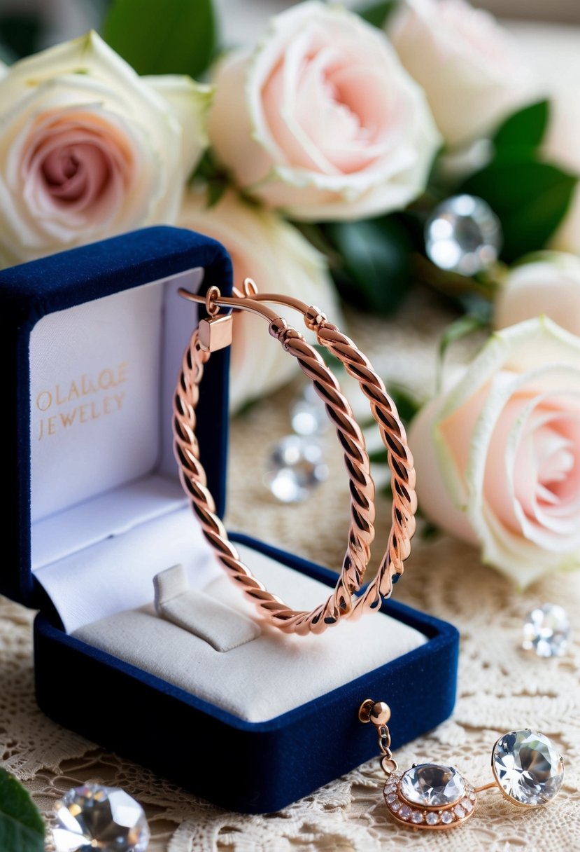 Large rose gold twisted hoops dangle from a velvet jewelry box on a lace table runner, surrounded by delicate white roses and sparkling crystals