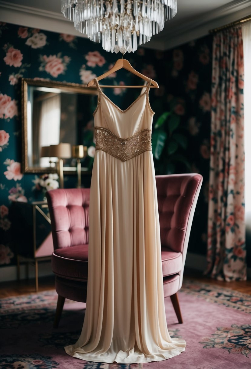 A vintage glam slip dress draped over a velvet chair in a dimly lit 70s-inspired room with floral wallpaper and a crystal chandelier