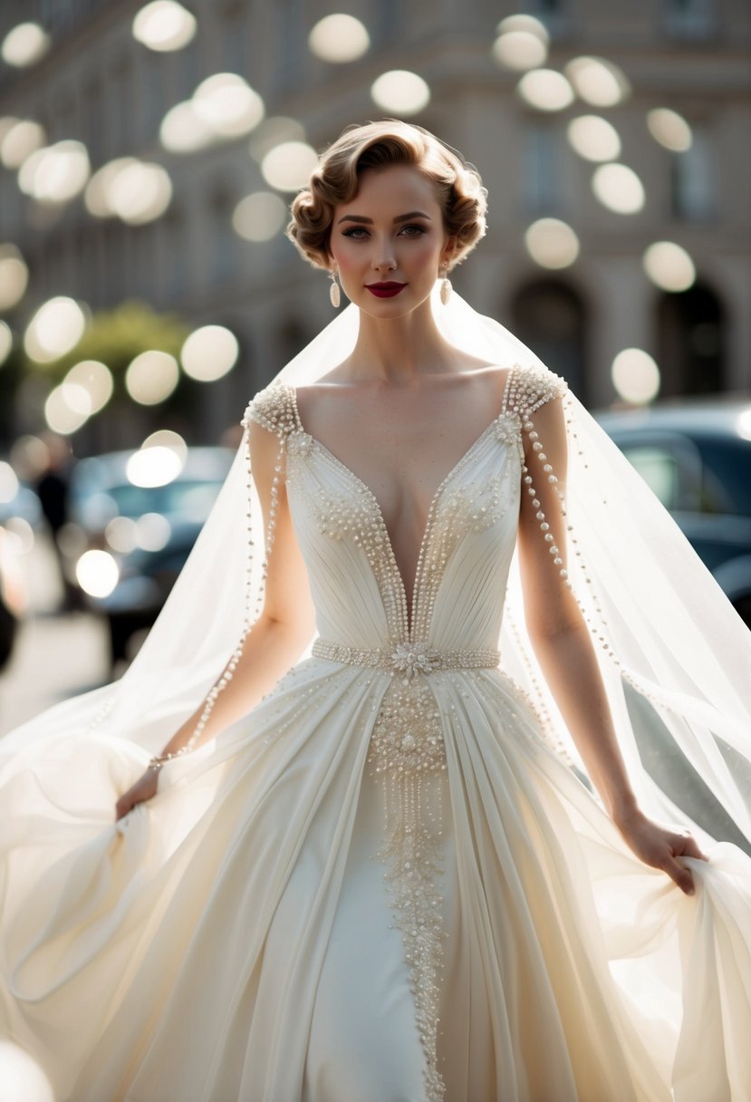 A 1930s-inspired wedding gown with pearl embellishments, flowing fabric, and a vintage aesthetic