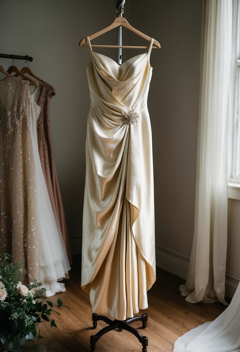 A 1940s silk gown with draped details hangs on a vintage dress form, surrounded by 70s wedding dress inspiration