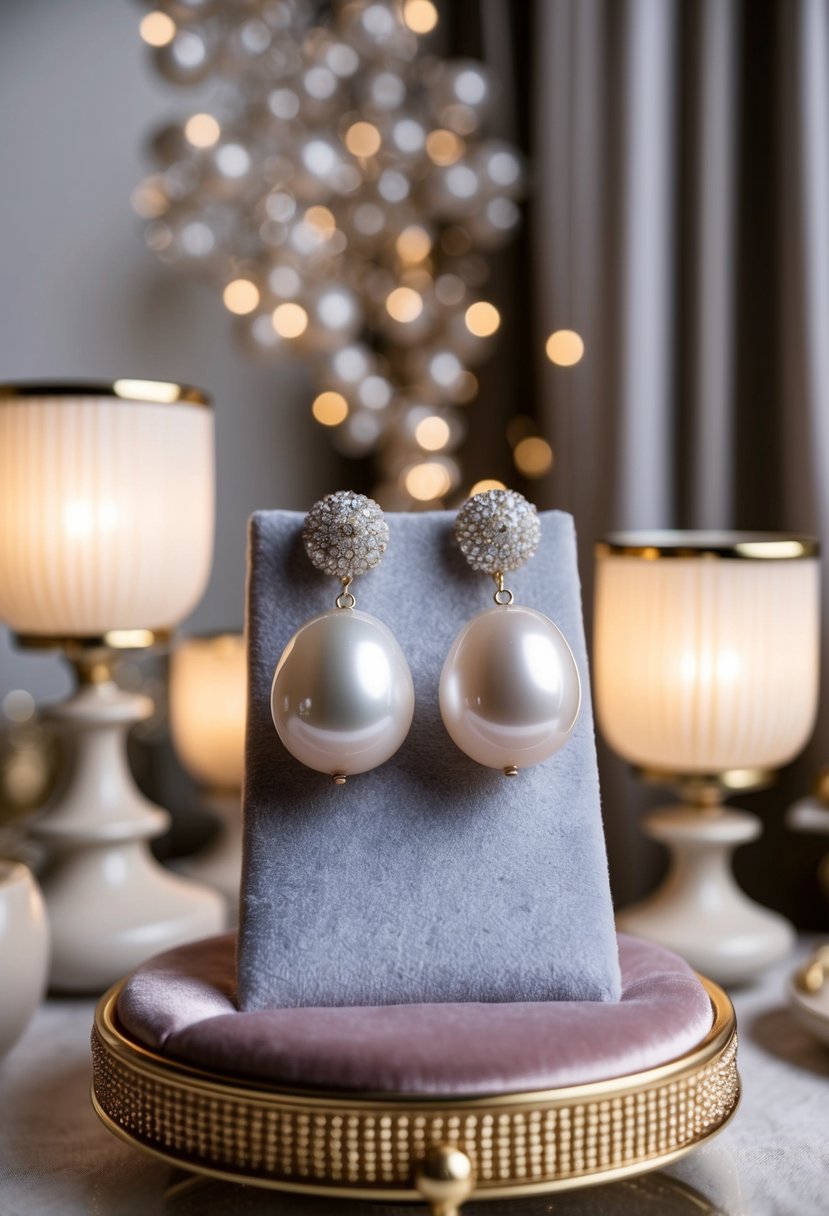 A pair of oversized pearl earrings displayed on a velvet cushion, surrounded by soft lighting and elegant decor