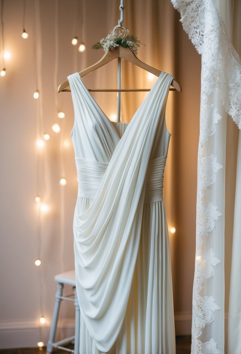 A Grecian-style drape dress hanging on a vintage mannequin against a backdrop of soft, romantic lighting and delicate lace details