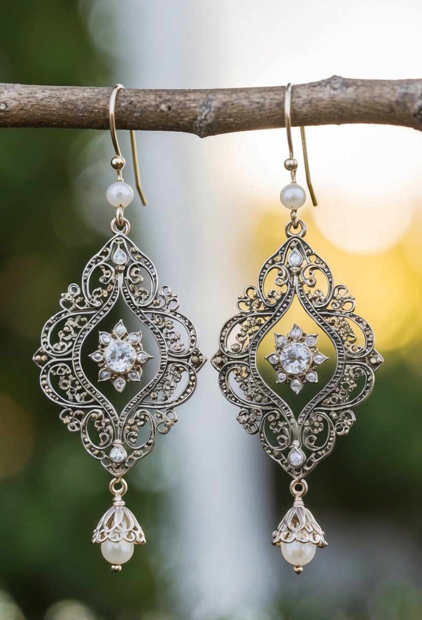 Two large ornate wedding earrings with intricate filigree dangles