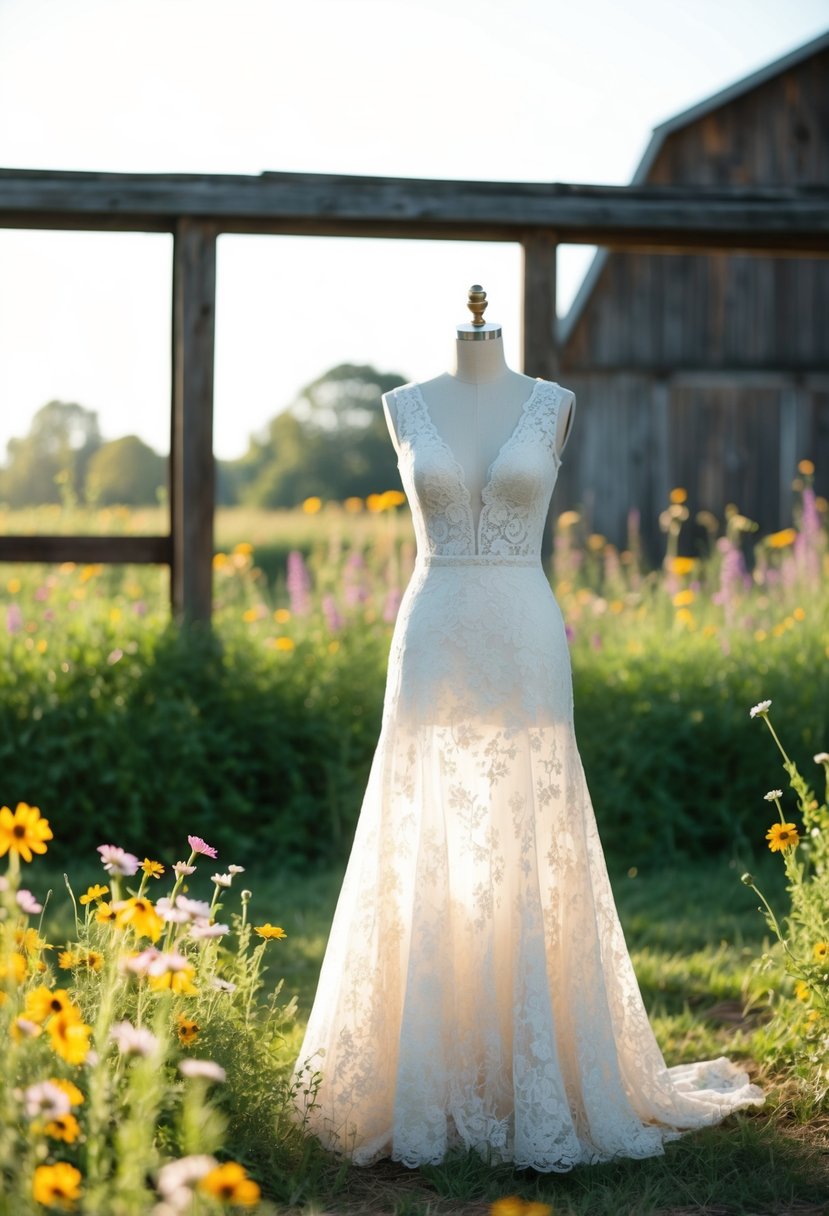 A rustic barn setting with wildflowers, vintage lace gown on a mannequin, soft sunlight streaming through the windows