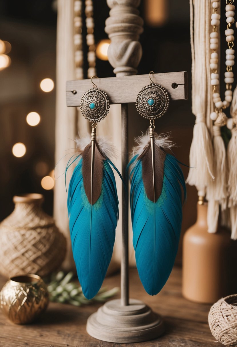 A pair of large, intricate feathered earrings hanging from a rustic wooden display, surrounded by bohemian-inspired decor and soft natural lighting