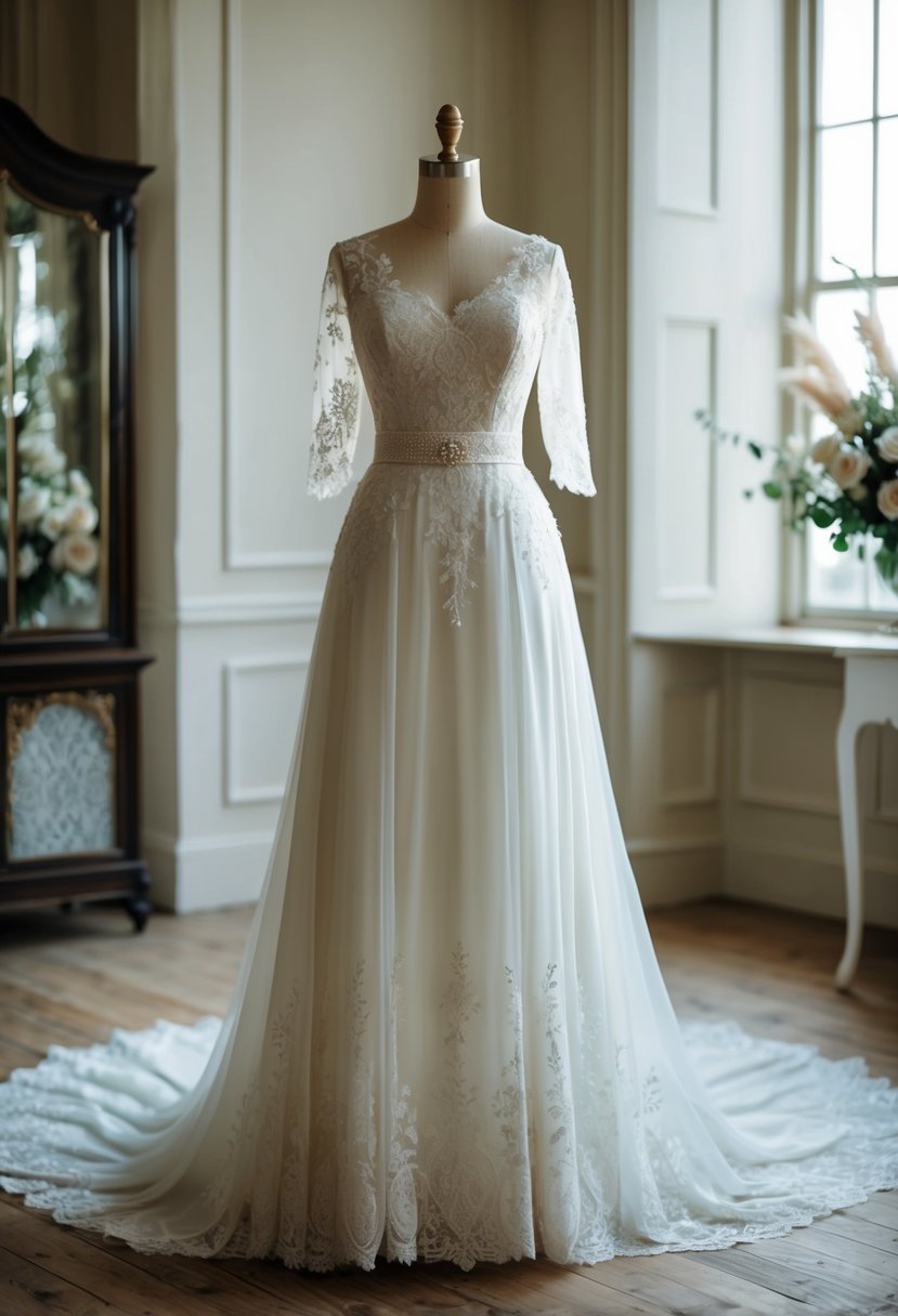 An elegant, flowing Edwardian-style wedding dress with an empire waist, adorned with delicate lace and intricate floral details