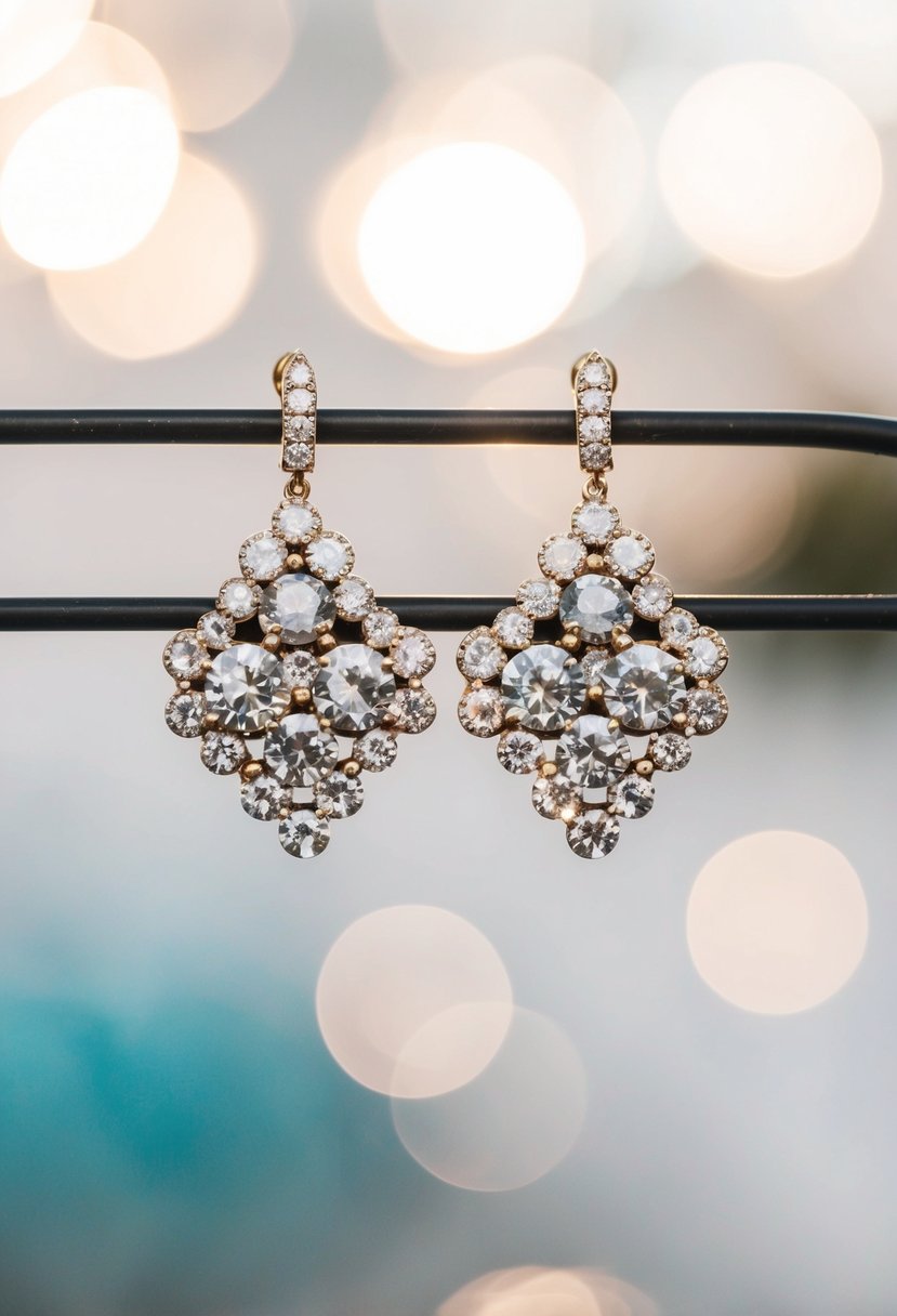 A pair of large wedding earrings with clustered rhinestones catching the light