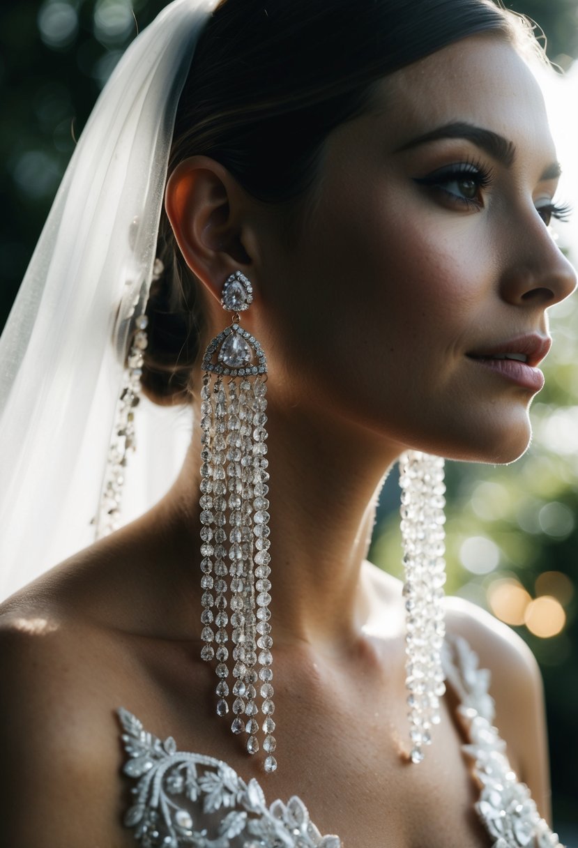 Glistening waterfall earrings cascade from elegant bridal ears, catching the light in a dramatic display of beauty and luxury