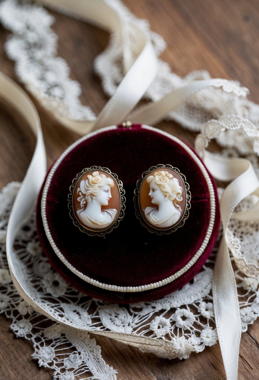 A pair of antique-style cameo earrings displayed on a velvet cushion, surrounded by delicate lace and vintage lace ribbons