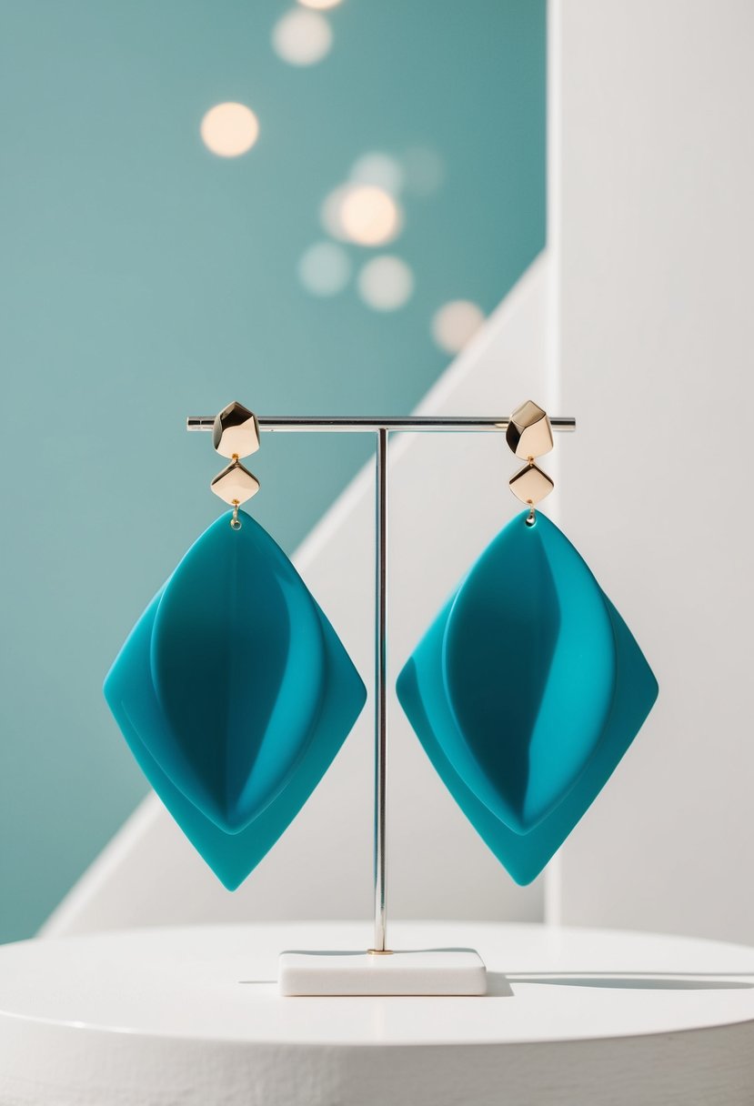 A pair of large, modern geometric earrings displayed against a clean, minimalistic backdrop